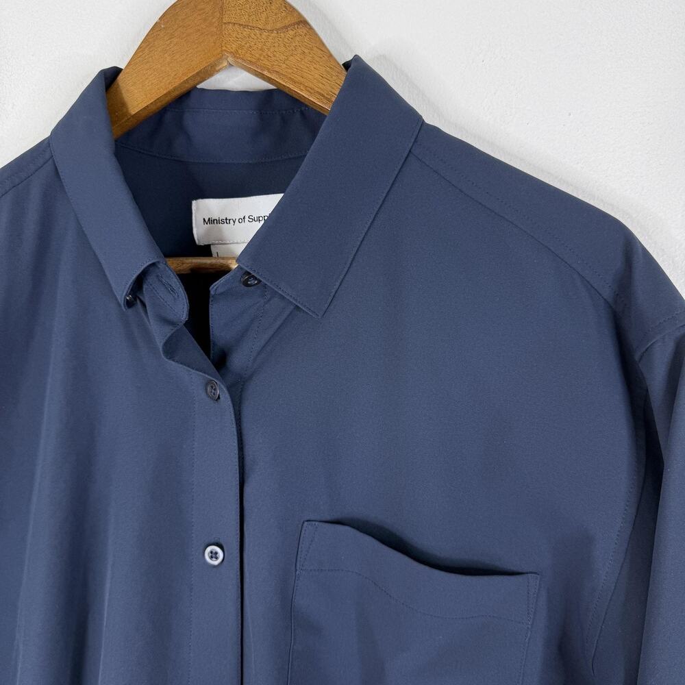 Ministry Of Supply Top L Blue Recycled Polyester Button Up Long Sleeve Womens